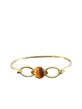 Vintage Tiger Eye Bangle Bracelet Fishhook Clasp Brown Gold
